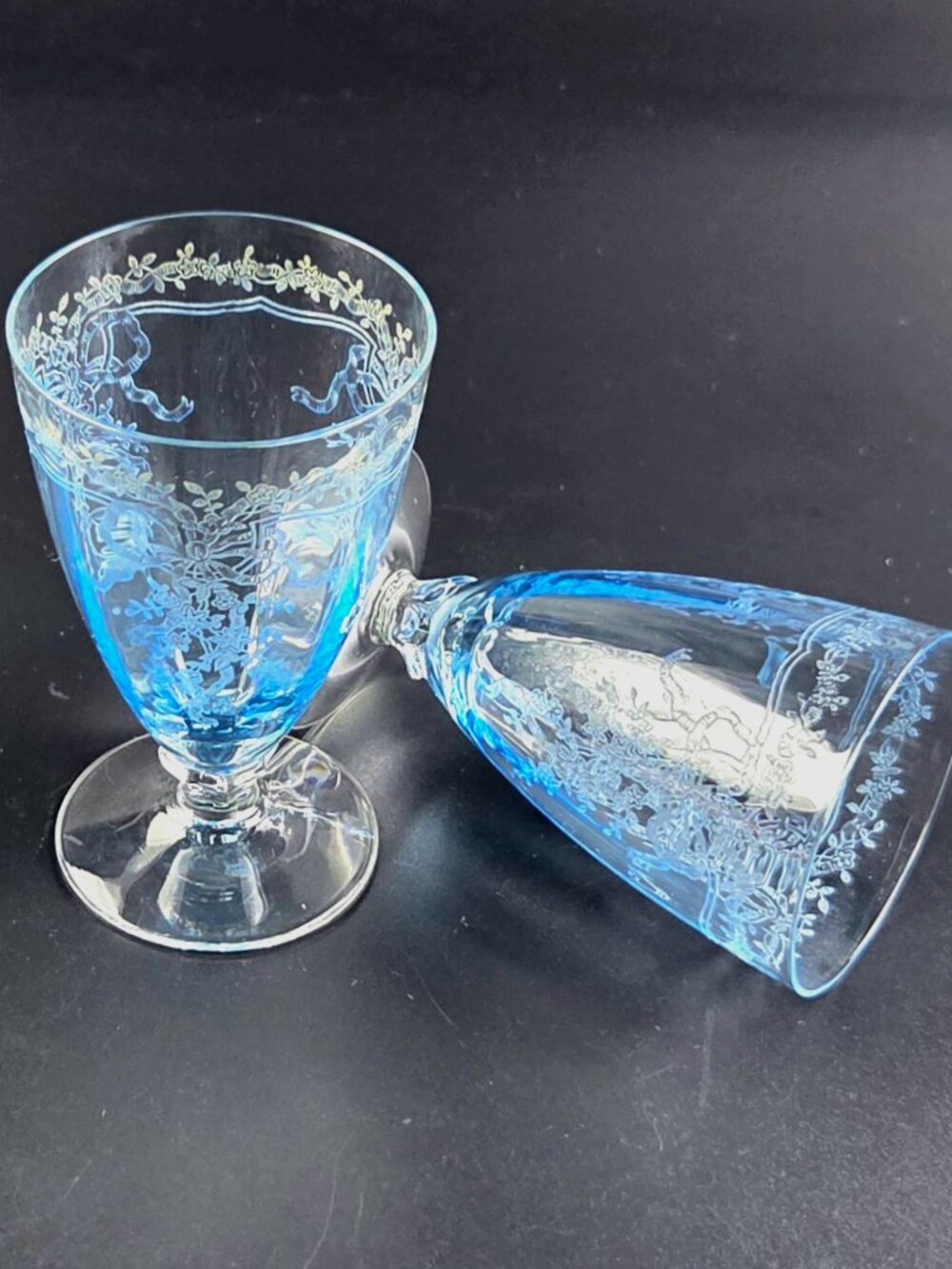 Vintage Fostoria June Blue (Azure) Juice Glasses – Set of 2 – Etched Glass